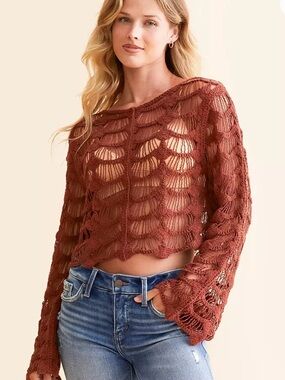 Willow Root Open-Weave Crop Top in Rust Brown